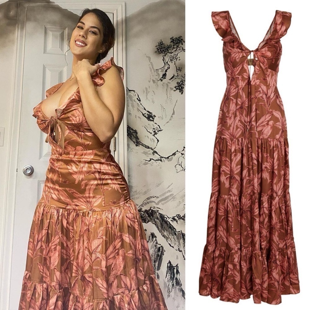 Significant Other- Copper Brown Floral Printed Cut Out Maxi Sollar Dress Size 4
